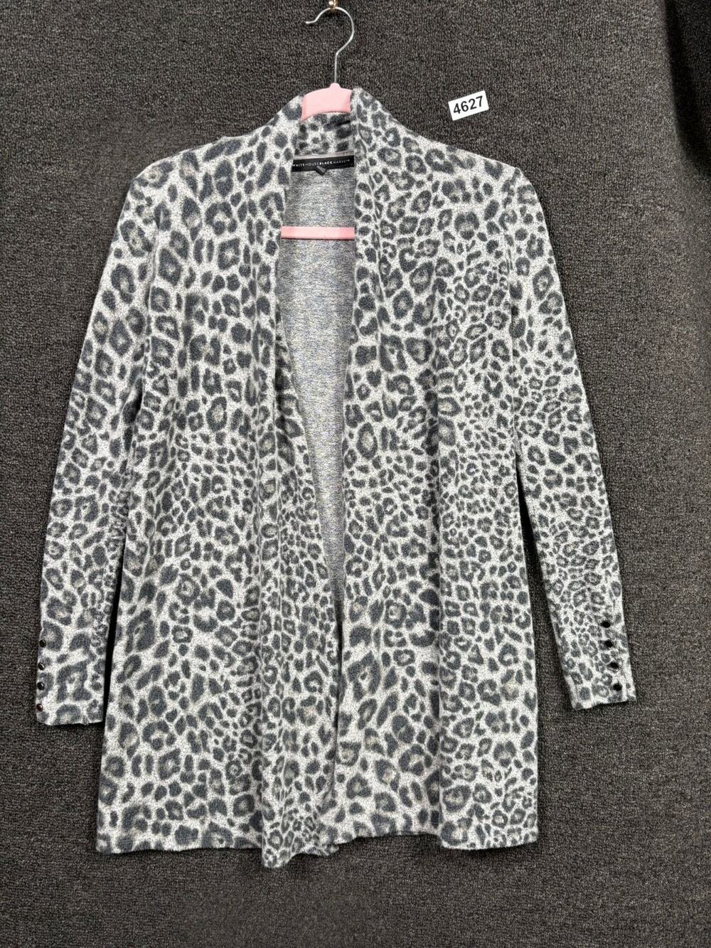 White House Black Market Open Front Cardigan Sweater Gray Leopard Print Size XXS